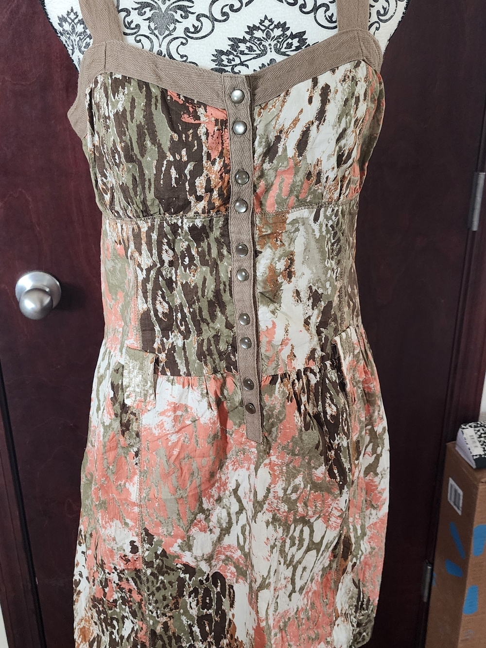 DKNY Coral, Olive & Cream Button-Front Midi Dress